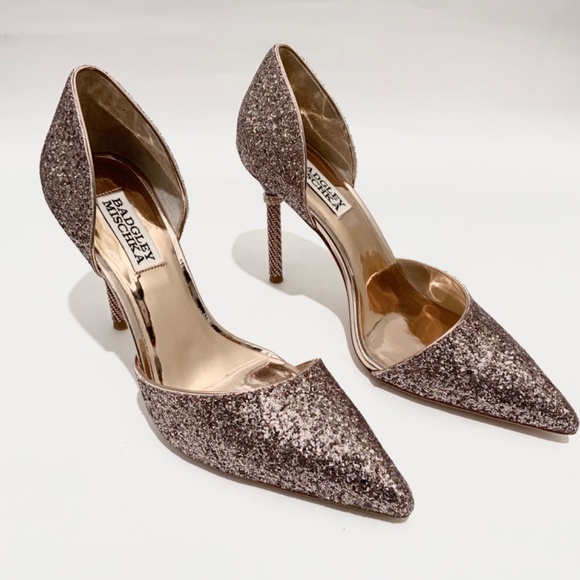 Badgley Mischka Ozara Pointed Toe Stiletto Heel Rose Gold Glitter Evening Pump - Picture 12 of 16